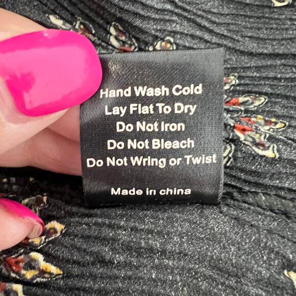 POL Boho Peasant Black Floral Artisan Midi Dress Cinched Waist Tassels Indie M - Picture 10 of 14